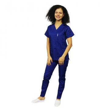 Uniforma curatenie albastru, bluza cu anchior in V
