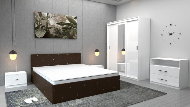 Dormitor Milano wenge alb cu dulap Royal alb, comoda TV alba