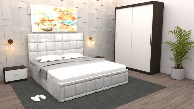 Dormitor Regal cu pat tapitat alb stofa cu dulap usi de la Wizmag Distribution Srl