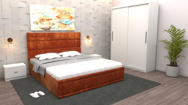 Dormitor Regal cu pat tapitat caramiziu stofa cu dulap