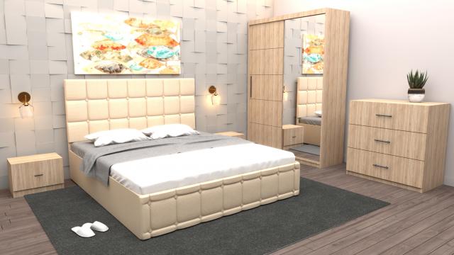 Dormitor Regal cu pat tapitat crem imitatie piele cu dulap