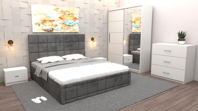 Dormitor Regal cu pat tapitat gri stofa cu dulap usi de la Wizmag Distribution Srl
