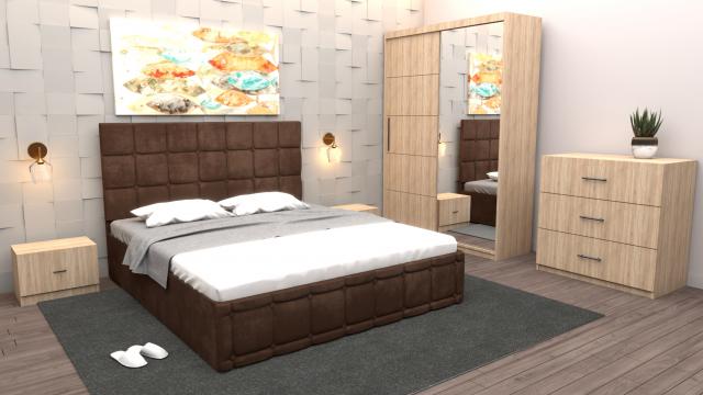 Dormitor Regal cu pat tapitat maro stofa cu dulap de la Wizmag Distribution Srl
