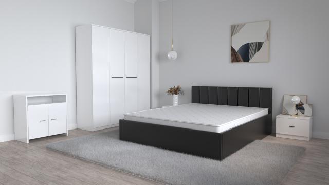 Set dormitor Oliver alb cu pat tapitat negru piele ecologica