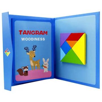 Carte magnetica Tangram cu piese din lemn, Montessori