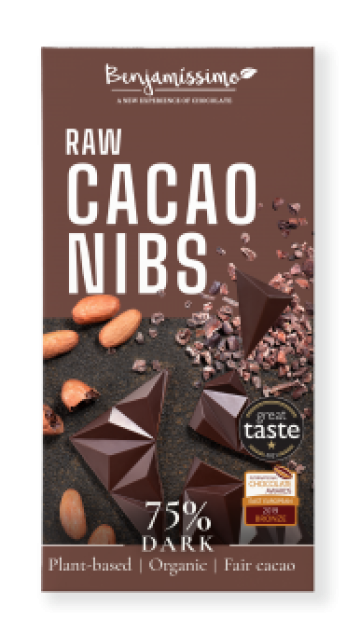 Ciocolata neagra 75% cu cacao nibs, bio, 60g, Benjamissimo