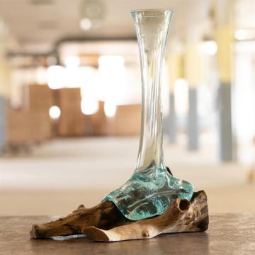 Vaza din sticla pe suport din radacina de lemn - 28x12x16 cm