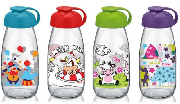 Sticla pentru copii cu decor 250ml Raki Milky, din sticla