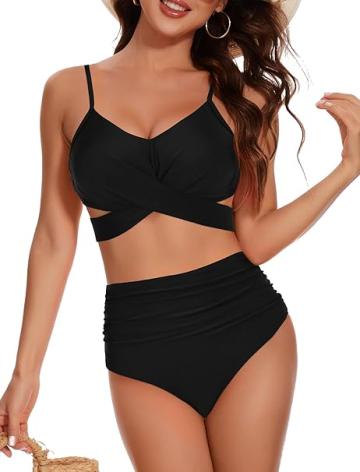 Costum de baie talie inalta din 2 bucati pentru femei, negru de la Molifag Srl