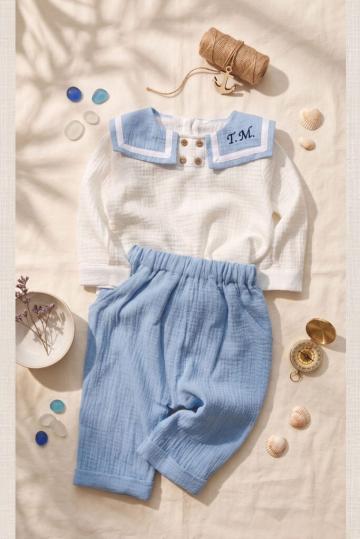 Costum botez din muselina - Milo - bleu de la Andreeatex